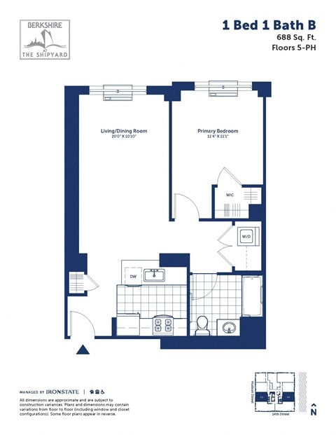 Floor plan for 1 bed, 1 bath, 688 sqft